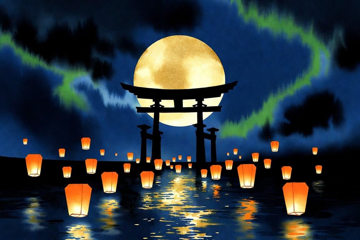 Golden harvest moon rising behind a silhouetted torii gate with floating lanterns